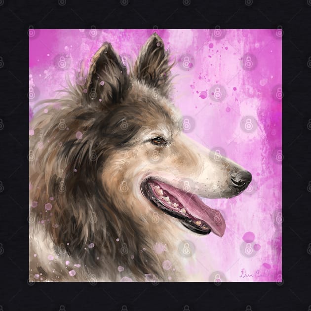 Painting of a Brown and White Furry Collie Dog Smiling by ibadishi